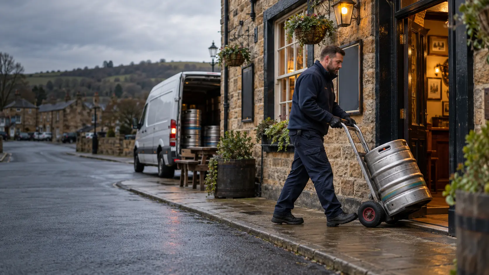 A drinks delivery at a pub, with a keg being moved on a trolley