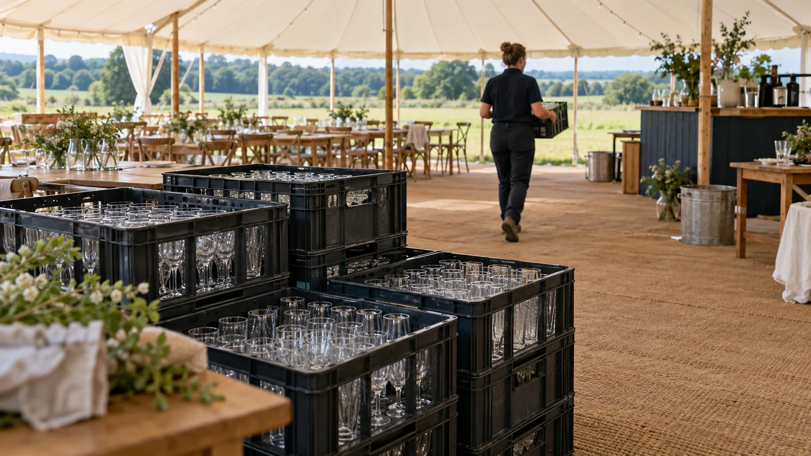 Event preparation with glassware crates and a serving bar