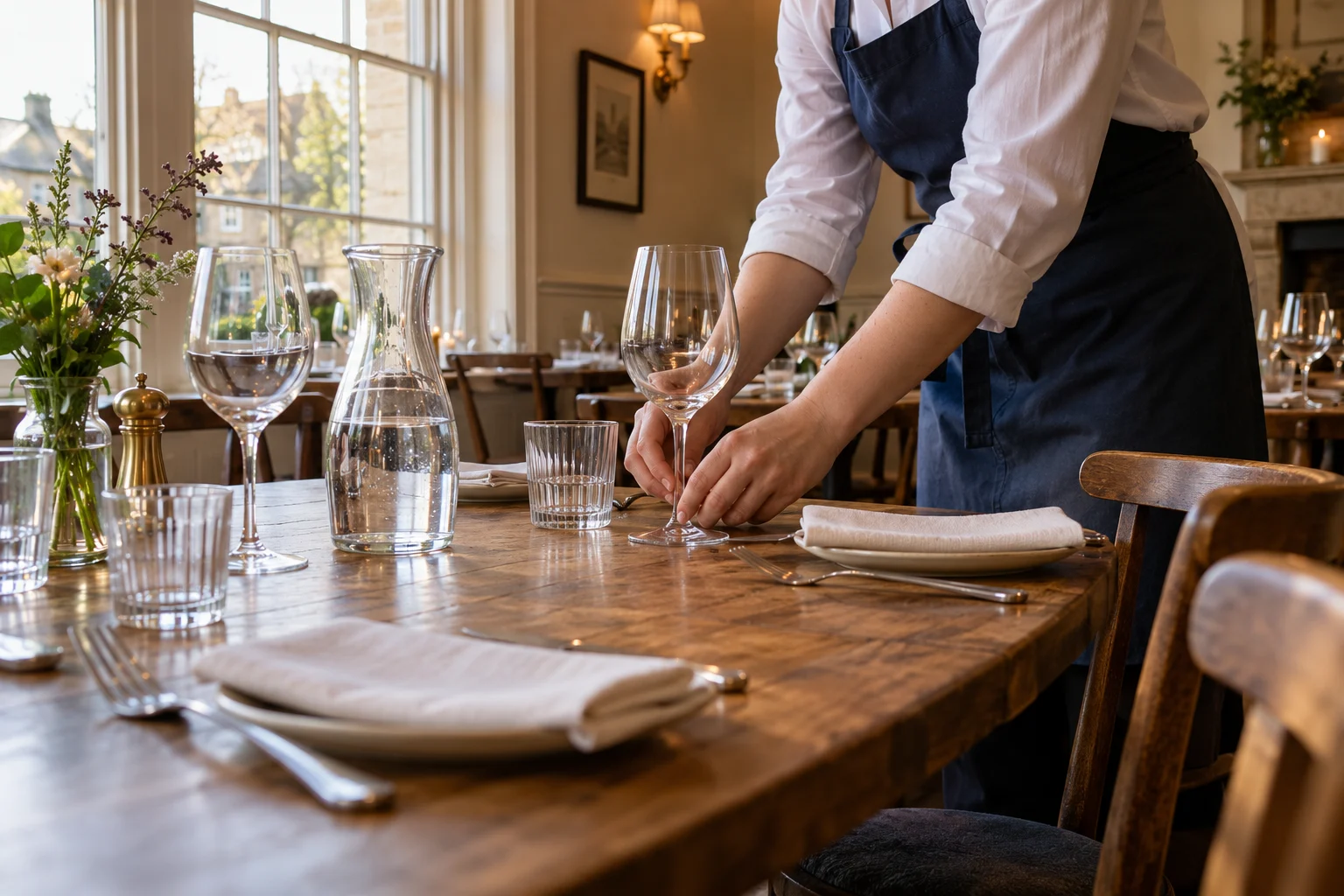 Restaurant preparing glassware for evening service